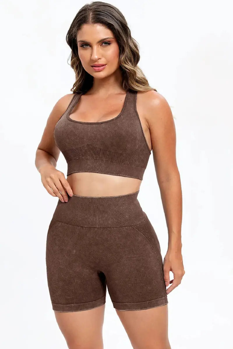 3 Piece Washed Square Neck Wide Strap Active Set for Women - Love Salve